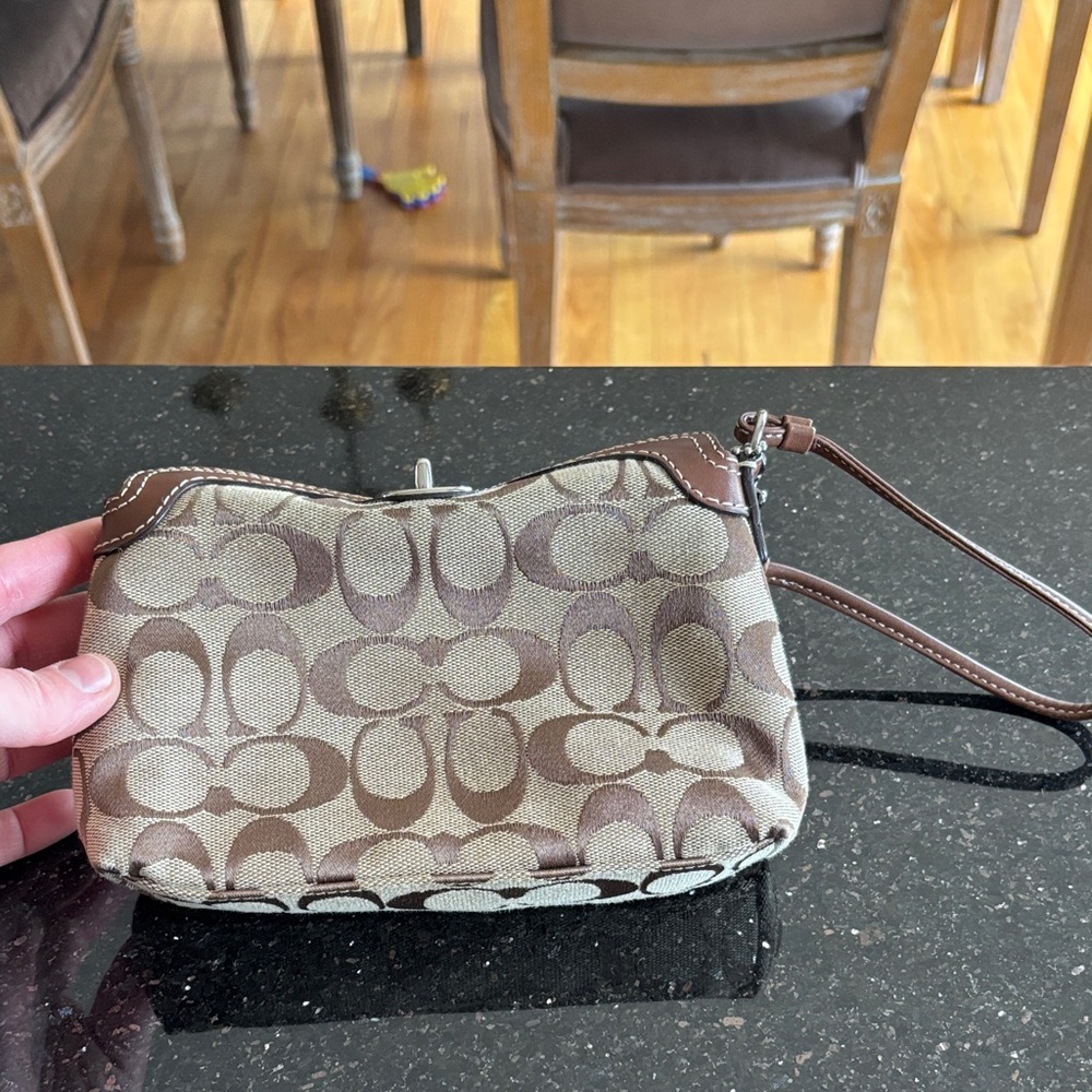 Coach Brown Signature Canvas Wristlet with Leather Trim
